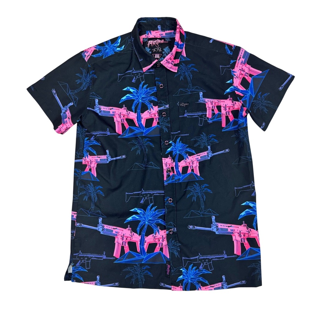 Retro Rifle The Palm Button Shirt Short‎ Sleeve Palm Trees Guns MED NWOT